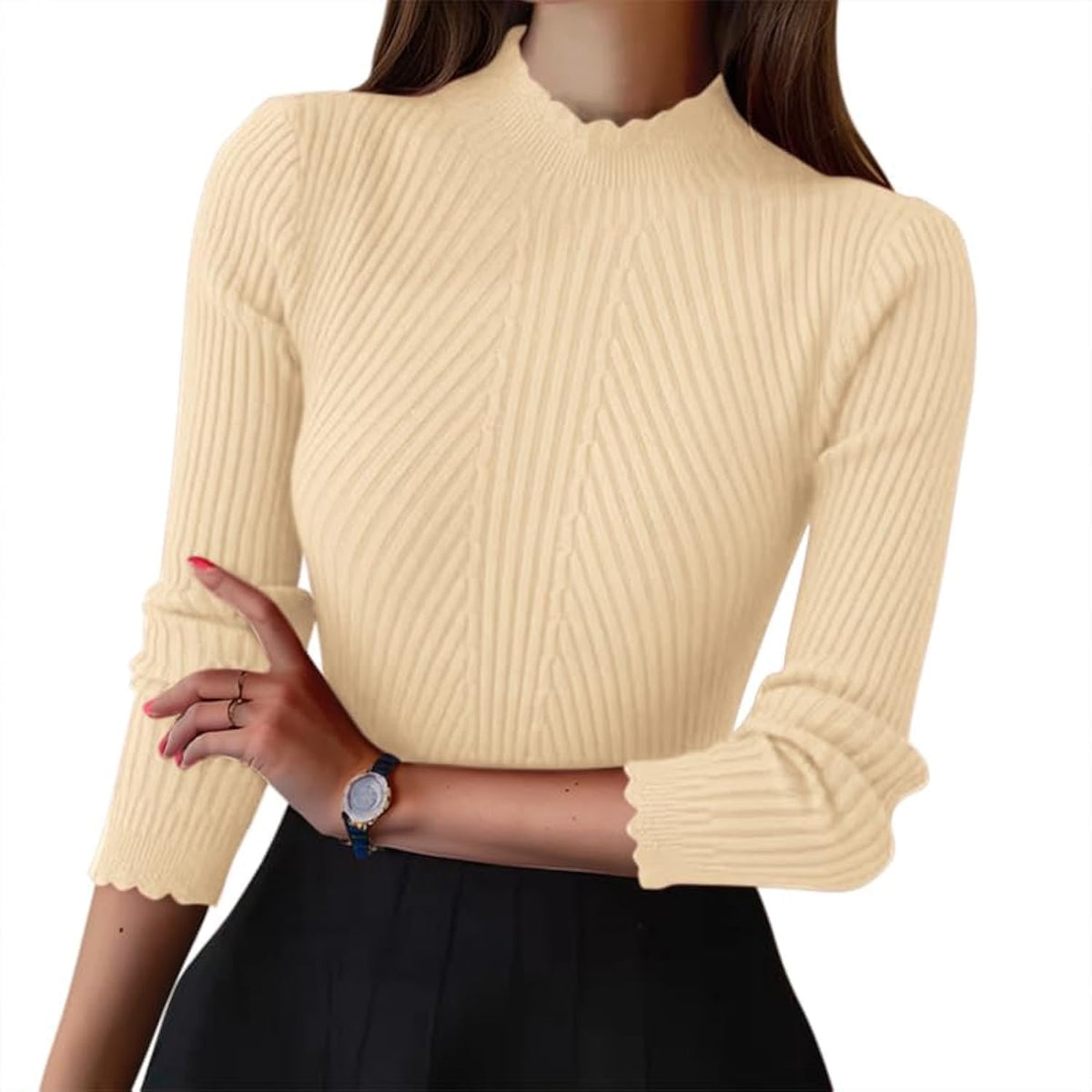 Suéter crema para mujer, cuello alto, manga larga acanalada ajustado - Terzo stile